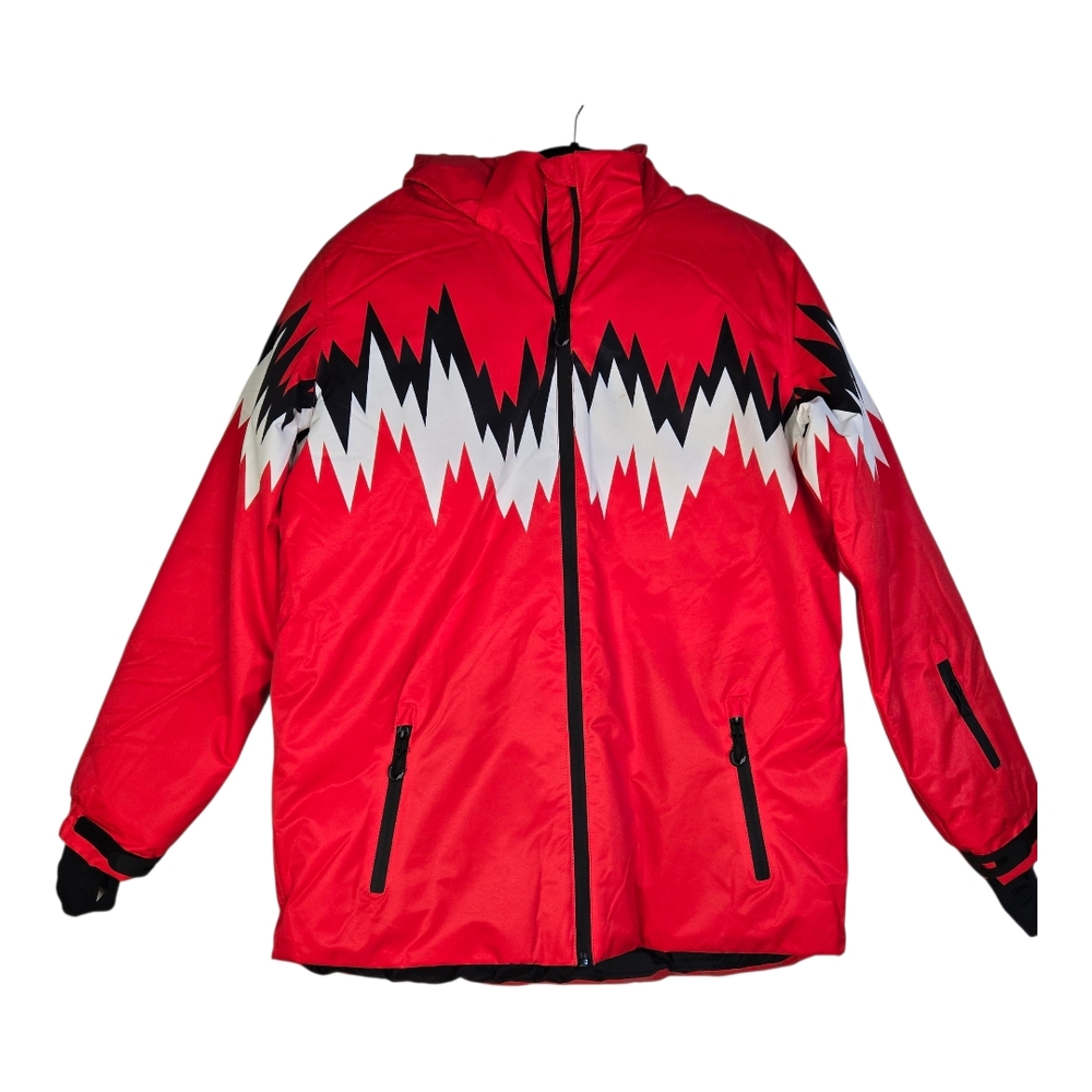 PHIBEE Youth, See Sizing, Red Outdoor Down Ski Jacket, Bold Zigzag Design- NWT